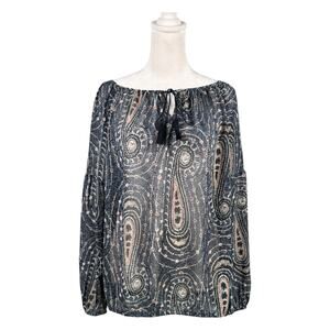 Lucky Brand M Sheer Peasant Top Blue Pink Paisley Tassels Long Sleeve Blouse